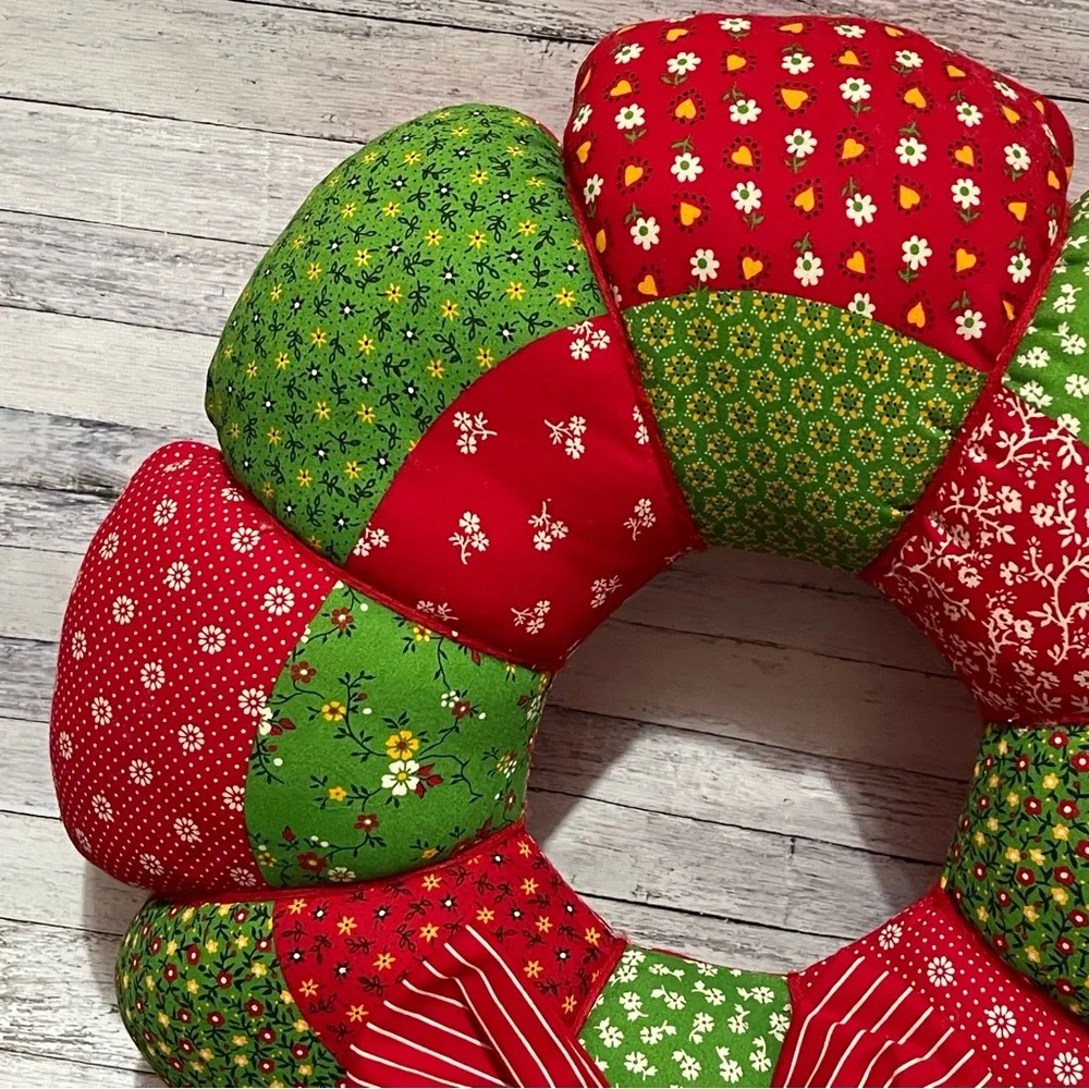 Vintage 17” Handmade Quilted Patchwork Stuffed Wreath